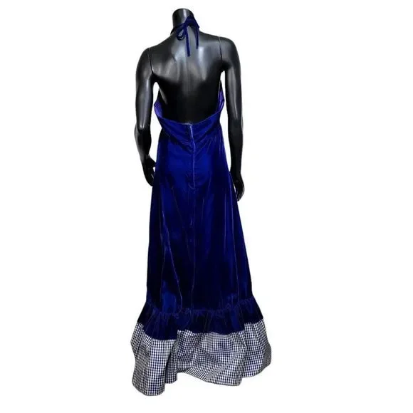 Vintage 70s 80s Union Made Blue Velveteen Maxi Dress Hooded Mantle Set Gingham